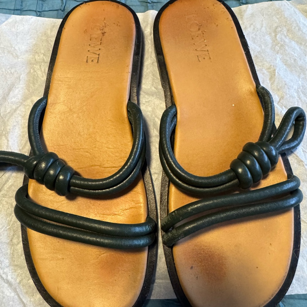 Women's Dark Green  Leather Slide Sandals